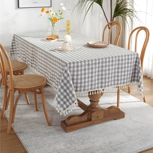 Nordic Plaid Tablecloth With Tassels Rectangular Polyester Linen Look Geometric Checkered Dining Table Cloth For Home Kitchen Decoration