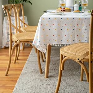 French cotton rectangle tablecloth with colorful dots and white pom-pom trim decor