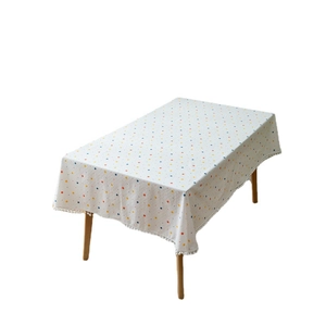 French cotton rectangle tablecloth with colorful dots and white pom pom fringe edges