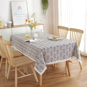 Nordic Rural Tablecloth Polyester Cotton Blend Lace Edge Rectangular Floral Botanical Pattern Dustproof Home Decor