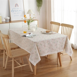 Floral cotton linen tablecloth with elegant white lace trim for dining table decor