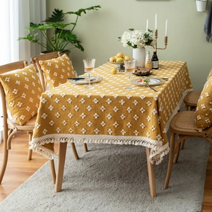 Retro French Jacquard Polyester Tablecloth With Tassel Ginger Yellow 3D Tufted Geometric Table Cover For Dining Coffee Table Decor