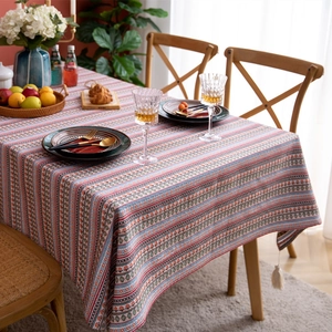 Bohemian style cotton linen tablecloth with floral stripes and decorative tassels