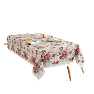 Floral cotton linen tablecloth with rose prints and wide crochet lace trim edges