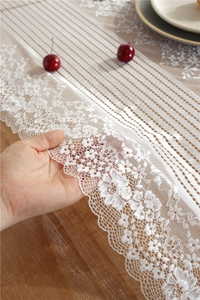 Close-up of elegant white lace table runner showing delicate mesh and floral hollow details