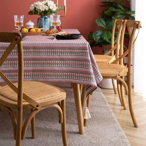 Bohemian floral stripe tablecloth with white tassels for dining table home decor