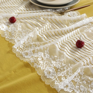 Modern white cotton table runner with floral lace ruffles and stripes for dining decor