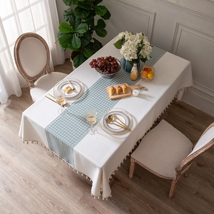 Nordic Houndstooth Jacquard Tablecloth With Tassels Polyester Faux Linen Rectangular Table Cover For Dining Room Kitchen Home