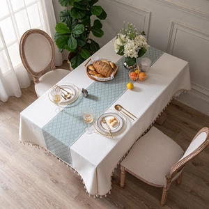 Pastoral Polyester Faux Linen Tablecloth With Tassel Green Geometric Grid Rectangle Coffee Dining Table Cover Home Decor