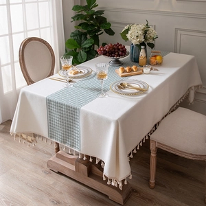 Elegant rectangular houndstooth tablecloth with tassels for dining room decor