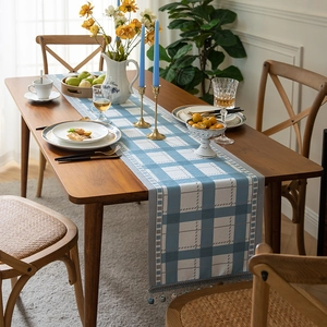Modern Minimalist Blue White Plaid Table Runner With Tassel Beads Polyester Fabric For Dining Room Coffee Table Home Decor