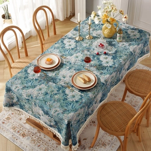 Vintage blue oil painting daisy tablecloth with tassels on a rectangle dining table