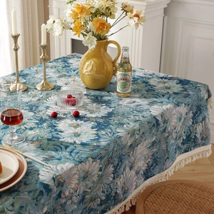 Vintage blue jacquard tablecloth with daisy patterns and elegant white fringe tassels