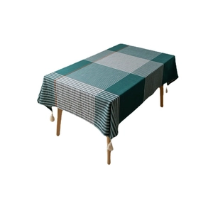 Modern green plaid checkered polyester tablecloth with large decorative corner tassels