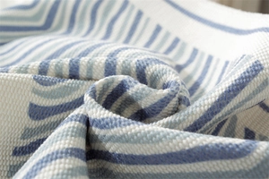Macro view showing the thick cotton blend texture and blue striped pattern of the dust cover
