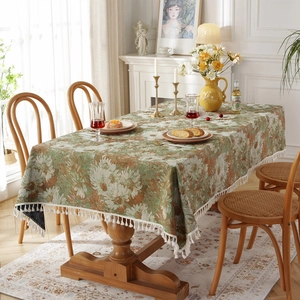 Vintage floral jacquard tablecloth with rustic red daisies and cotton tassel edges