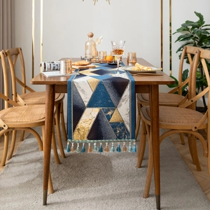 Luxury navy and gold marble geometric table runner with tassels for dining decor