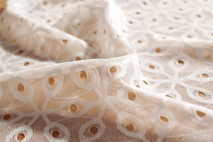 Close-up detail of white lace table runner showing intricate floral embroidery and cutouts