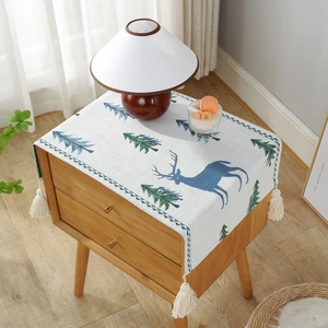 Nordic winter forest dust cover with blue elk and green pine trees with beige tassels