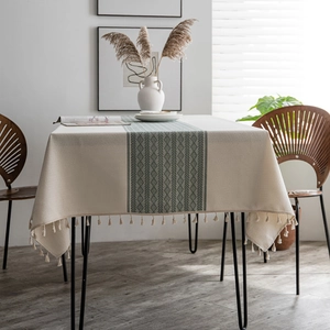 Nordic Minimalist Geometric Rhombus Pattern Polyester Linen Look Tablecloth With Tassels For Dining Room Home Decor