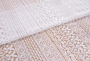 Macro detail of white lace tablecloth with geometric hollow floral embroidery patterns