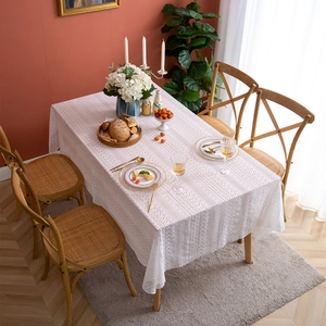 French Vintage Lace Tablecloth Hollow Out Floral Off White Cotton Blend Rectangular Table Cloth For Wedding Home Decor