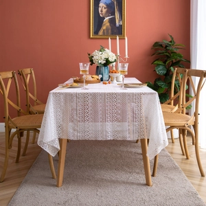 French style off-white lace tablecloth with delicate floral embroidery for home dining
