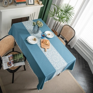 Blue rectangular tablecloth with white mandala jacquard patterns and elegant tassel edges