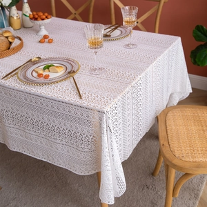 Elegant French off-white lace tablecloth with hollow floral pattern for wedding decor