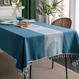 Blue rectangular jacquard tablecloth with white mandala patterns and cotton tassels