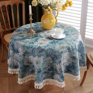 Vintage Jacquard Round Tablecloth Blue Daisy Floral With Tassel Poly Cotton Decorative Table Cloth For Home Kitchen
