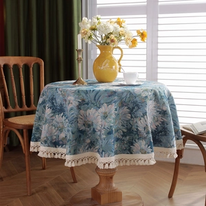 Retro blue floral jacquard round tablecloth with tassels and vintage daisy pattern