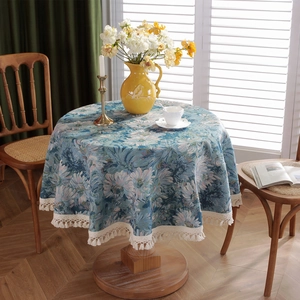 Vintage navy blue daisy jacquard round tablecloth with elegant white fringe tassels