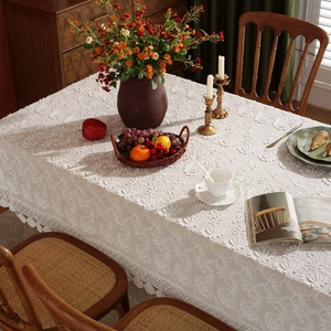 French retro white lace tablecloth with detailed floral embroidery for wedding decor