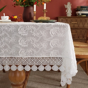 White French lace cotton tablecloth with floral embroidery and hollow geometric edges