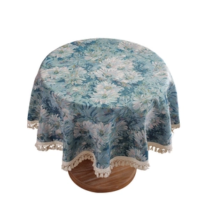 Vintage blue daisy jacquard round tablecloth with tassel fringe for home dining decor