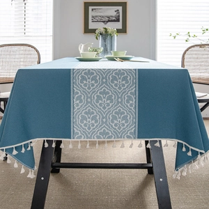 Morandi blue rectangular tablecloth with white damask patterns and cream fringe tassels