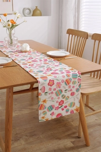 Close-up of Easter table runner featuring colorful egg and floral digital prints