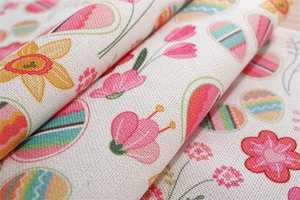 Detailed macro view of heavy-duty Easter fabric showing woven texture and egg prints