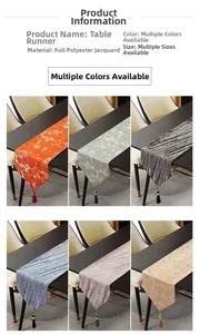 Close-up of jacquard woven table runners with elegant fringe tassels in multiple colors
