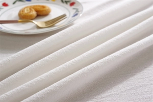 Detailed close-up of white cotton lace tablecloth with textured weave and floral plate