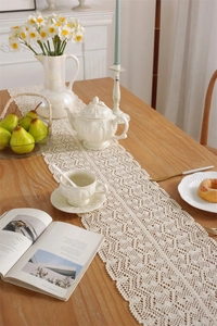 Detail showing hand-knit crochet lace table runner with floral hollow patterns and scalloped edge
