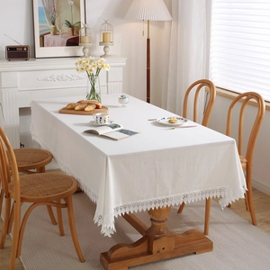 Elegant rectangular cream white cotton lace tablecloth with hollow crochet fringe tassels