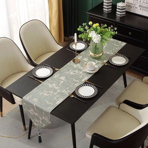 Luxury light green jacquard table runner with silver marble pattern and tassels