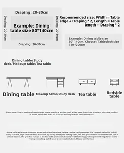 Size guide for PVC tablecloth showing measurement formulas and maintenance instructions