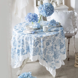 Blue and white porcelain floral cotton tablecloth with elegant ruffled lace edge