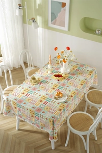 French style floral cotton tablecloth with white ball tassels for rectangular dining table