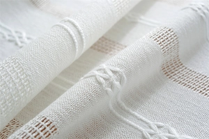 Close-up of white polyester jacquard tablecloth with hollow lace and braided embroidery