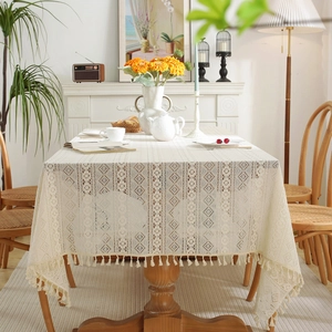 Beige hollow lace tablecloth with geometric patterns and tassels in French rural style