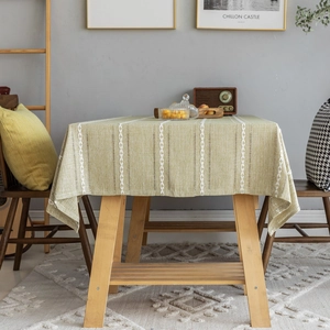 Light green rectangular jacquard tablecloth with vertical hollow embroidery patterns